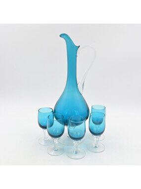 Empoli Italian Glass Decanter Pitcher Set 5 Swirl Stem Cordials